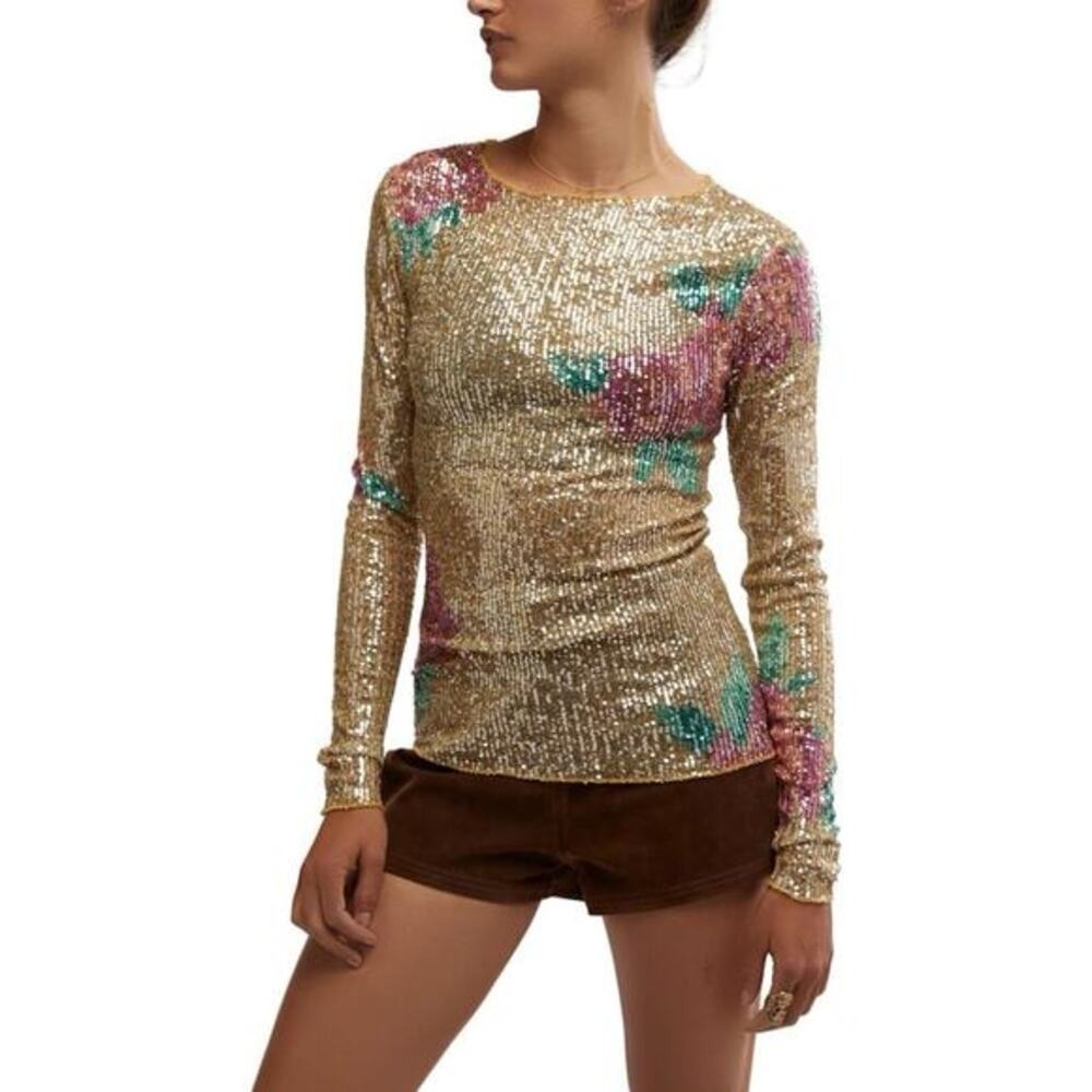 NWT Free People Intimately Gold Rush Champagne Combo Printed‎ Sequin Long Sleeve